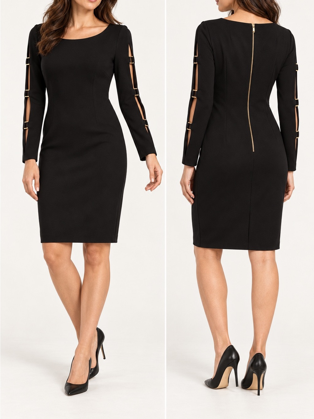 Michael Kors Black Long-Sleeve Sheath Dress with Gold Buckle Cutouts